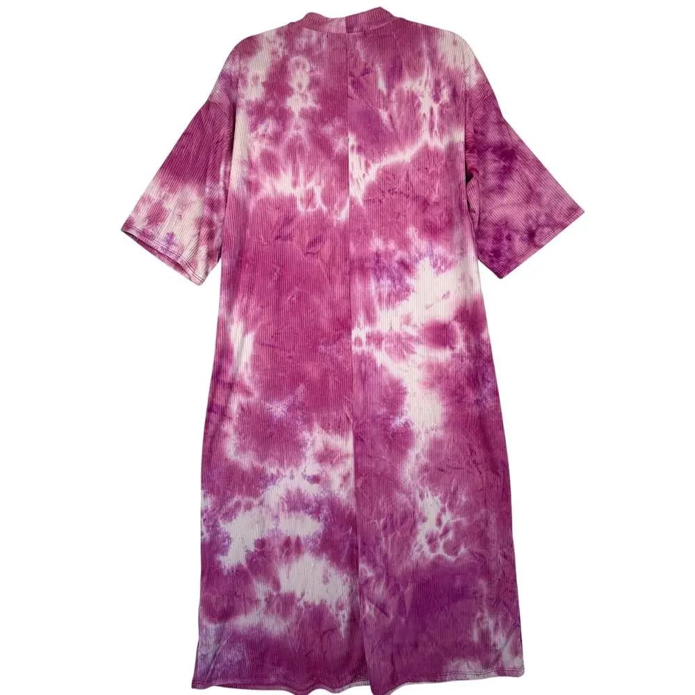 Dressed in Lala Ribbed Ozzy T-Shirt Maxi Dress Women Size S Pink Skies Tie Dye